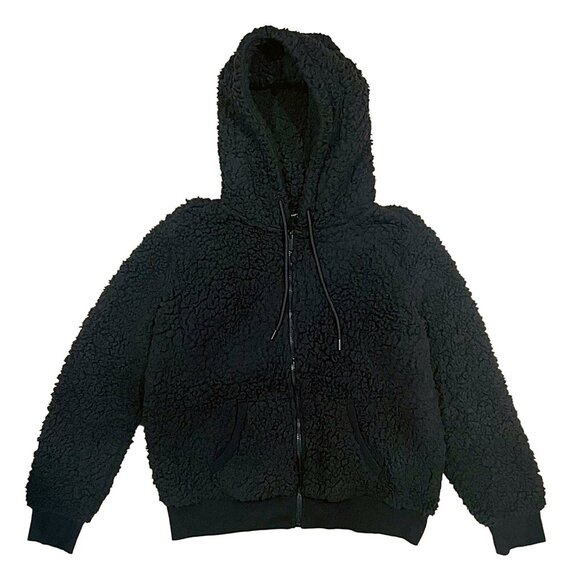 Black Sherpa Fleece Zip Hoodie Jacket — Soft Faux Fur, Women’s Size XL - Picture 5 of 7